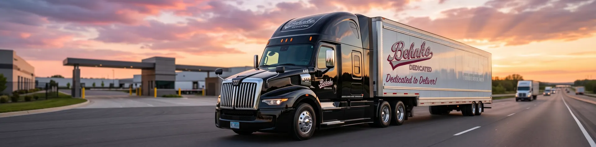 Behnke Dedicated truck on the highway at sunset
